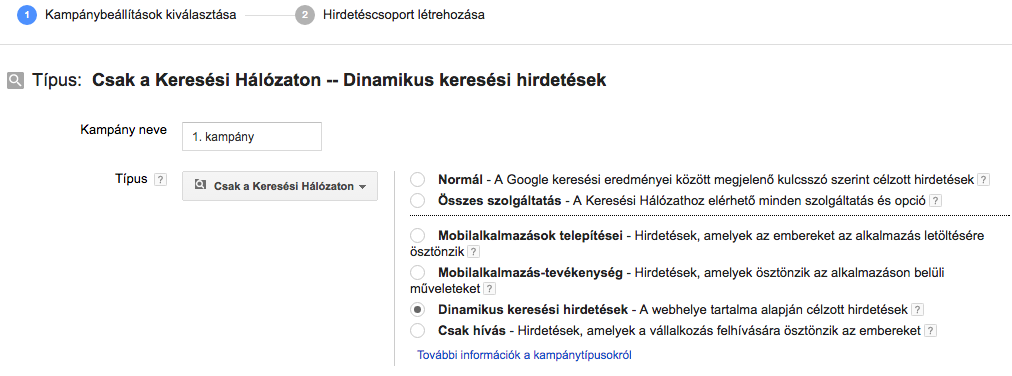 Dinamikus keresési hirdetés - kampany beallitas