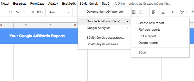 Kép 1. - Adwords bővítmény a Google Táblázatban