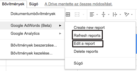 Kép 2. - AdWords bővítmény beállítás a Google Táblázatban