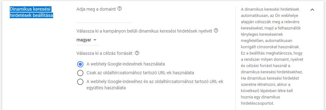 02. DSA kampány beállítások