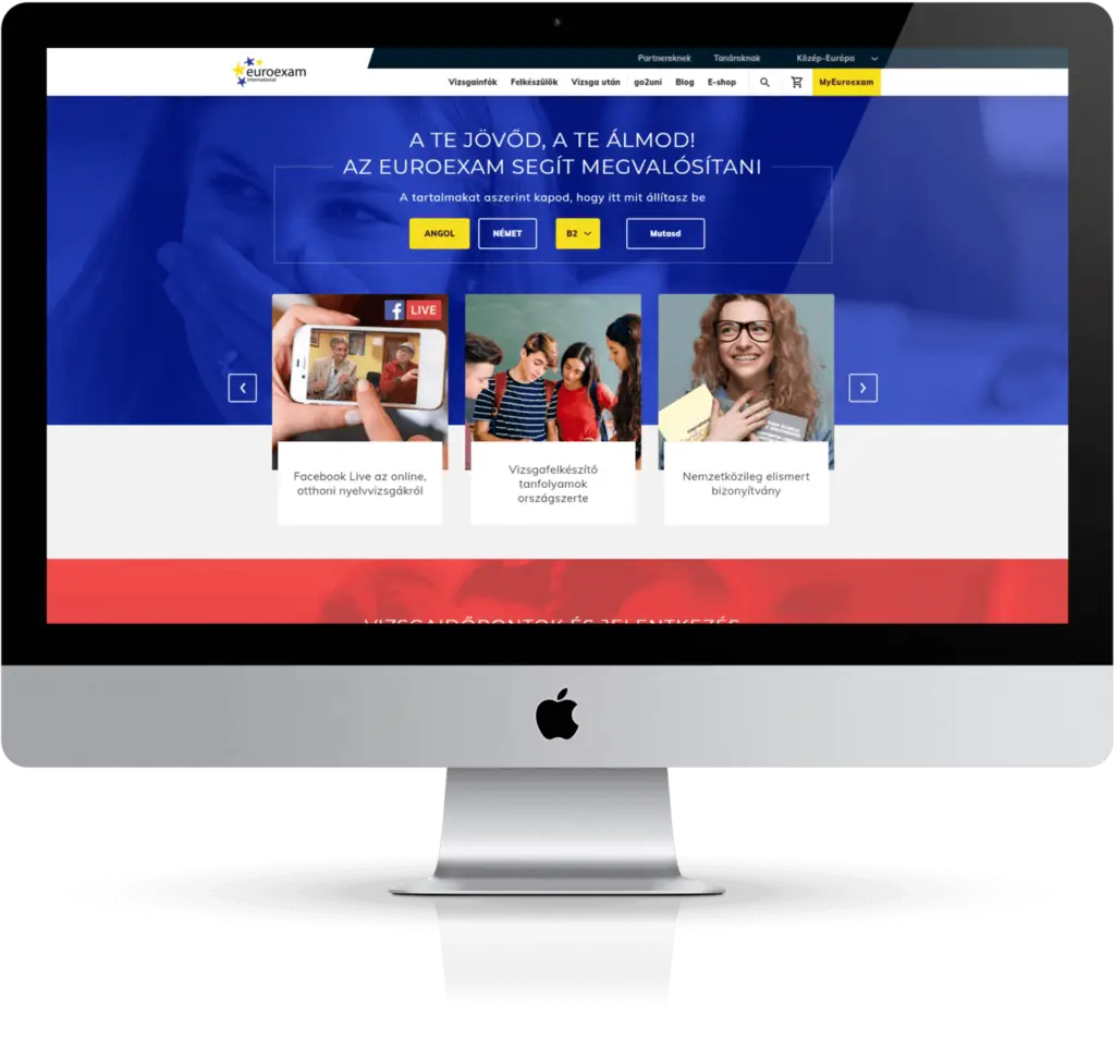 A számítógép képernyőjén látható az Euroexam webhelye, kék fejléccel, amely kiemeli az Euroexam szolgáltatásait. Az alábbiakban képek és ikonok illusztrálják a Facebook Live és online funkcióit, biztosítva a zökkenőmentes költöztetést a nemzetközileg elismert vizsgákhoz.