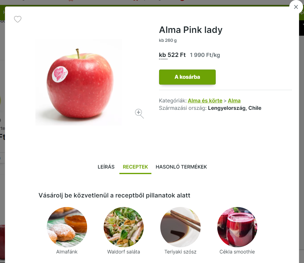 Kifli.hu termékoldal és receptek