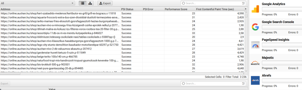PageSpeed Insights API és Screaming Frog eredmények