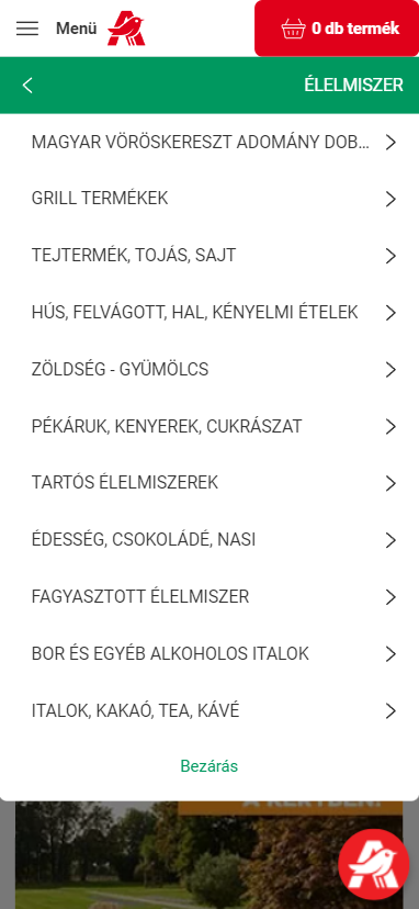 A menüsáv mobil nézetben az online.auchan.hu-n
