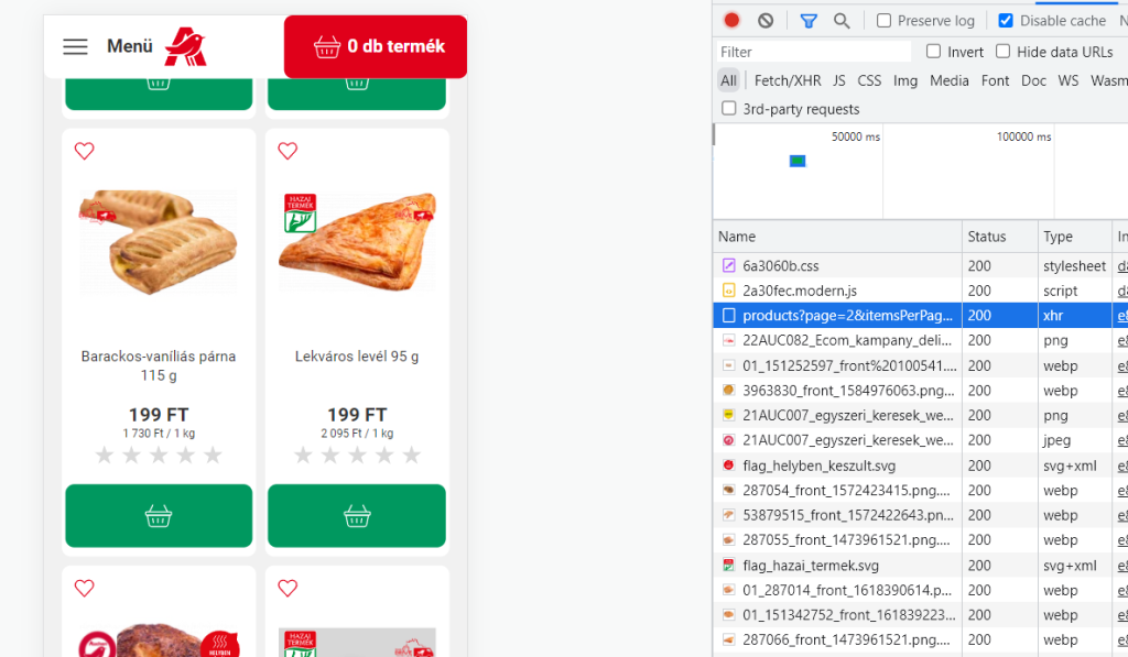 Auchan pagináció működése a DevTools-ban