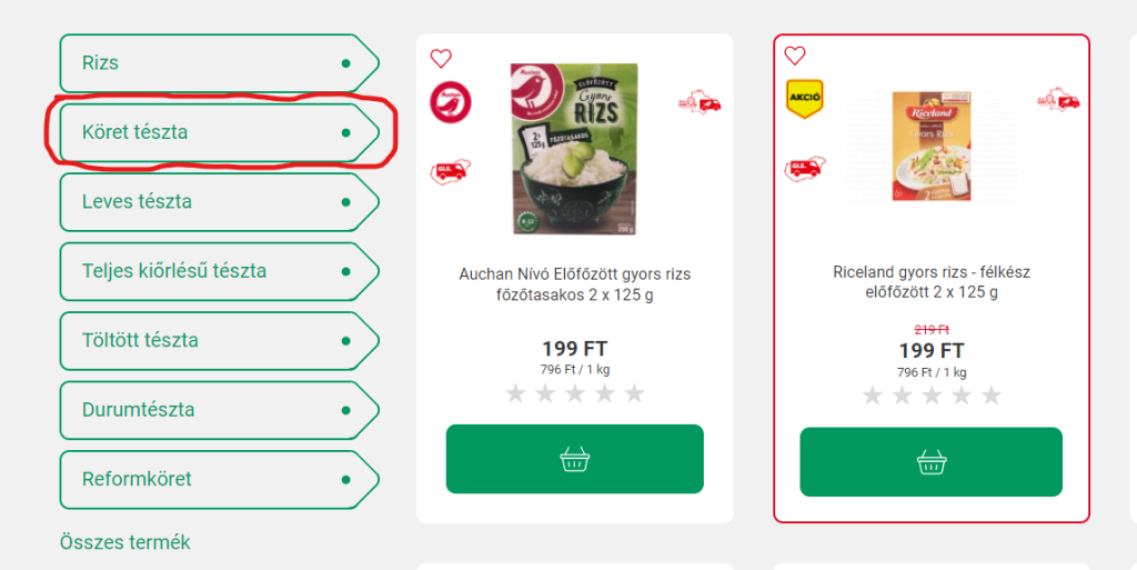 Auchan weboldalának listaoldala és szűrőcímkéi