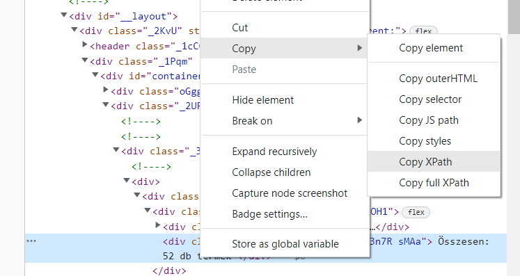 DevTools XPath másolása a forráskódból
