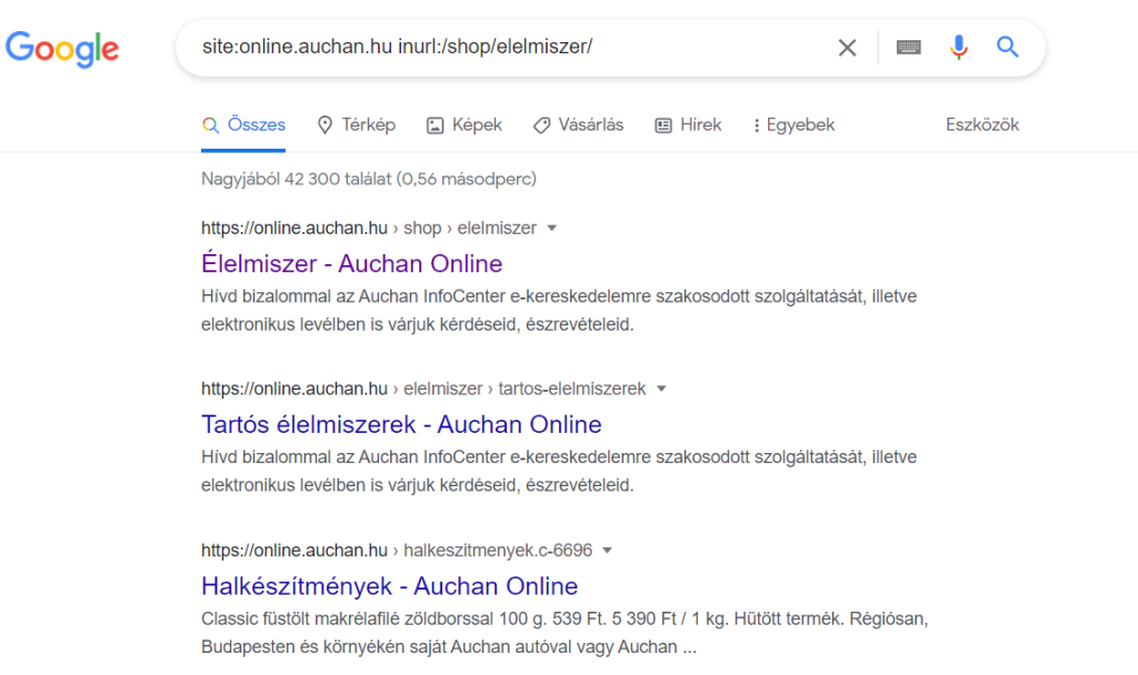 Auchan élelmiszer találatok a Google-ben egy site search operátor segítségével
