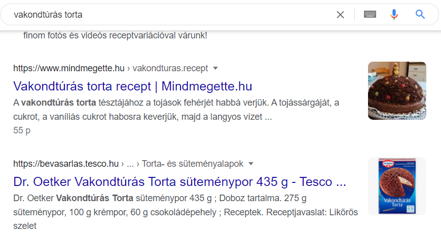 Google találati lista a vakondtúrás torta kulcsszóra