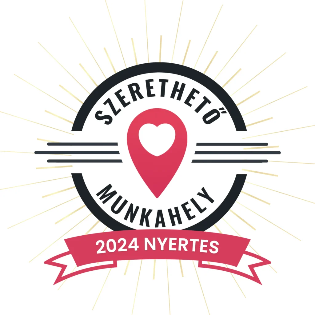 Kör alakú kitűző, térképtűn központi szív ikonnal, körülötte Szerethető Munkahely szöveg. Alul a 2024 Nyertes feliratú szalag. Sugárzó vonalak jelennek meg a körök éléből.