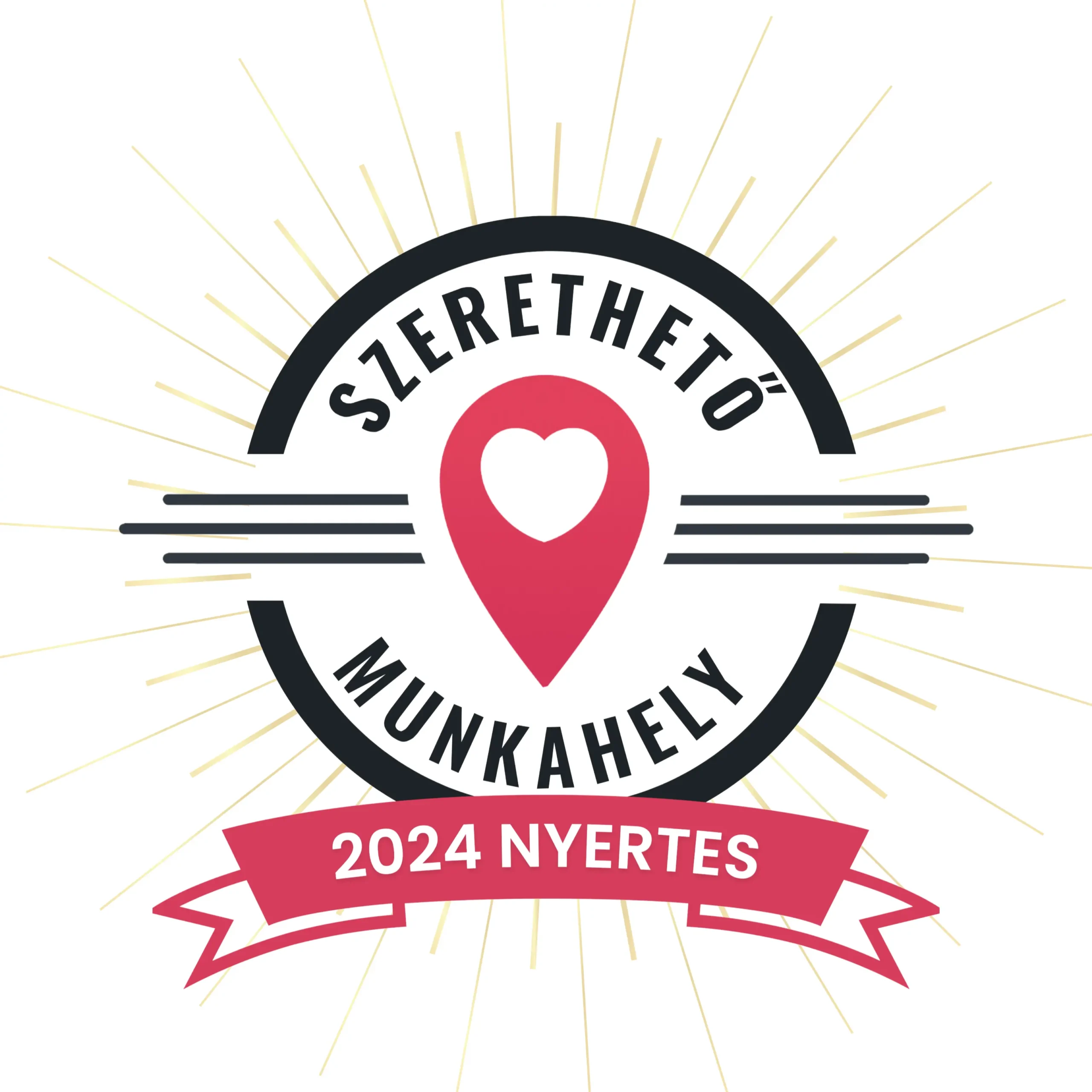 Kör alakú kitűző, térképtűn központi szív ikonnal, körülötte Szerethető Munkahely szöveg. Alul a 2024 Nyertes feliratú szalag. Sugárzó vonalak jelennek meg a körök éléből.