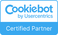 Logó kék-fehér mintával. Szöveg olvasható, Cookiebot a Usercentrics és a Certified Partner által alatta.