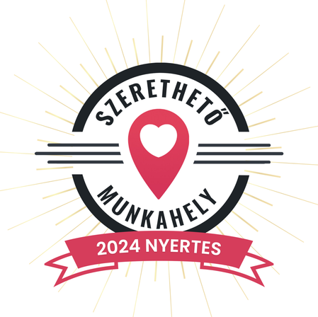Jelkép szívvel és térképtű ikonnal a közepén, körülötte a Szerethető Munkahely felirat. A lenti szalagon 2024 Nyertes olvasható, mindezt sugárzó vonalak hátterében.