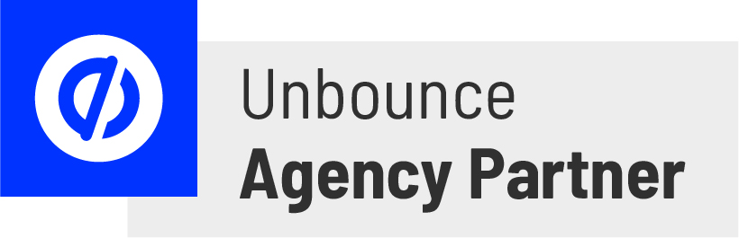 Logo egy kék négyzet a bal oldalon, fehér kör alakú szimbólummal, esetleg stilizált betűvel. Mellette a következő szöveg olvasható: Unbounce Agency Partner szürke alapon.